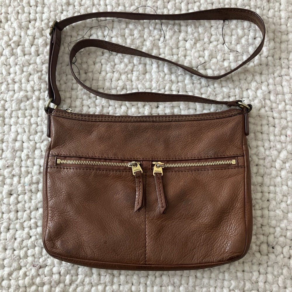 Fossil Women's Elise Crossbody Bag Brown Pebbled Leather Double Zip Purse Flaws